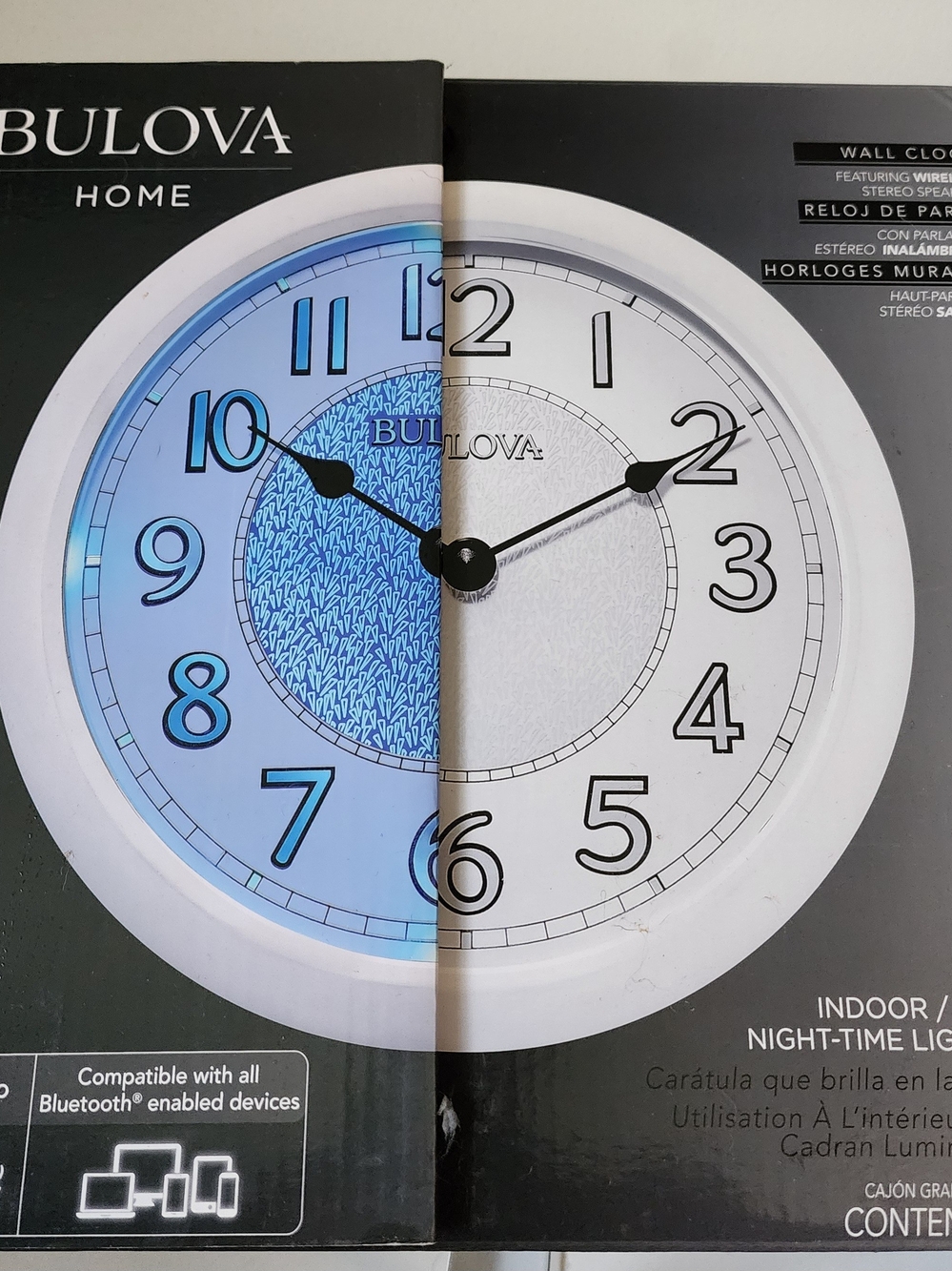 Bulova White Wall Clock with Blue Dial Accents